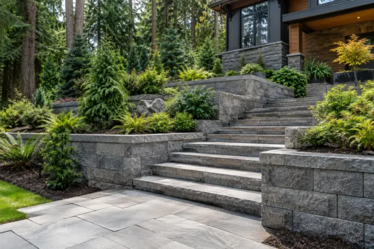 Custom gray block retaining wall with Pacific Northwest landscaping — AI-generated concept