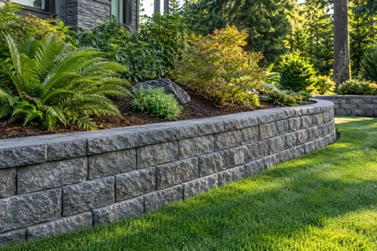 Landscape gray block retaining wall with Pacific Northwest landscaping — AI-generated concept