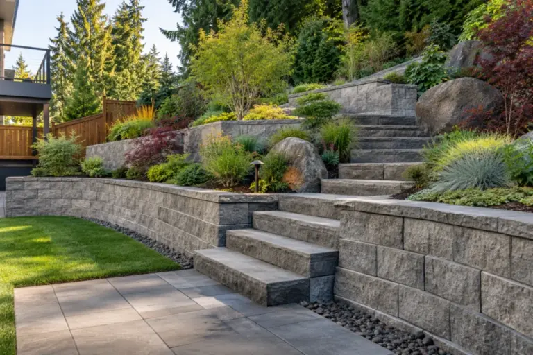 Terraced gray block retaining wall with Pacific Northwest landscaping — AI-generated concept