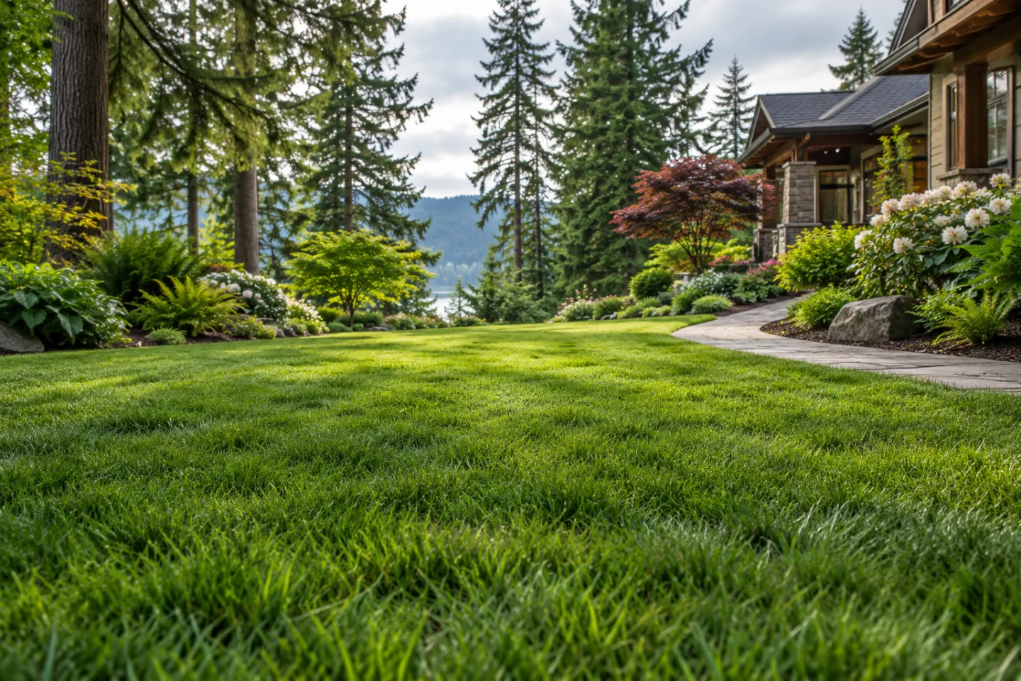 Illustrative Pacific Northwest garden with an established green lawn.