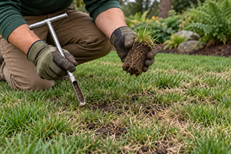 Gloved hands examining a soil core and grass roots.