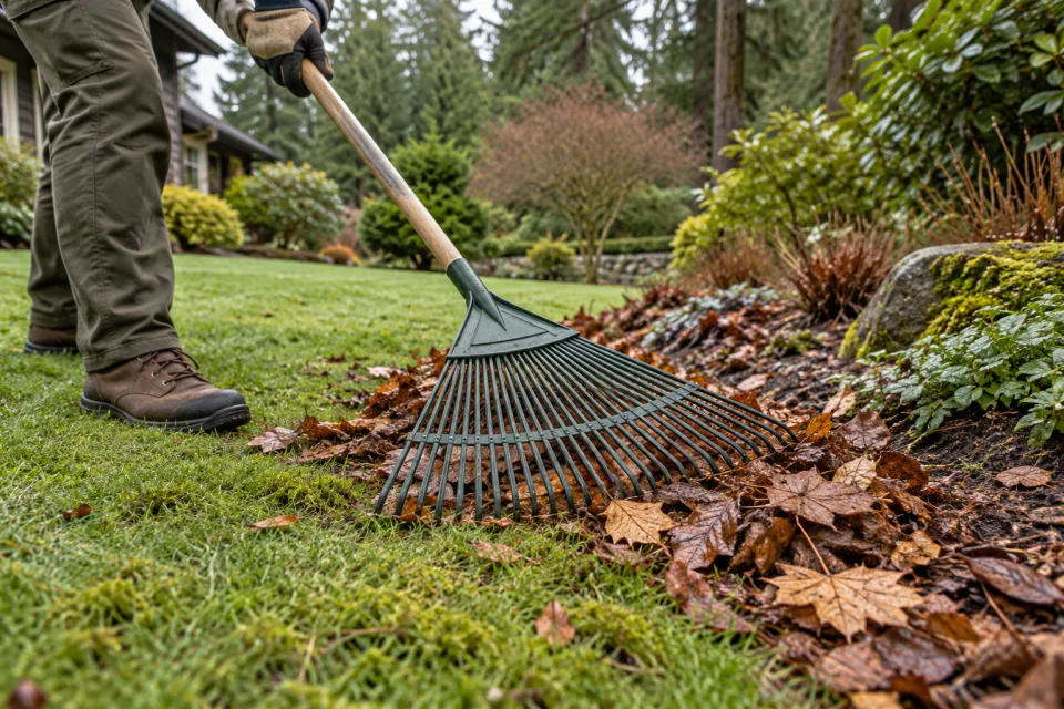 Raking leaves and loose debris from a lawn before treatment.