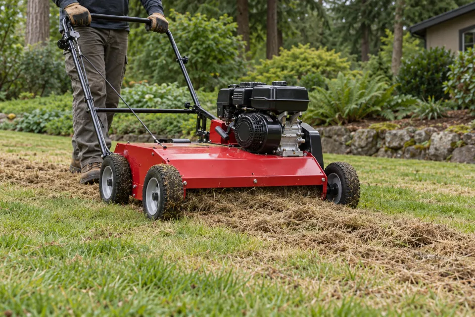 Commercial powered dethatcher lifting excess lawn thatch.