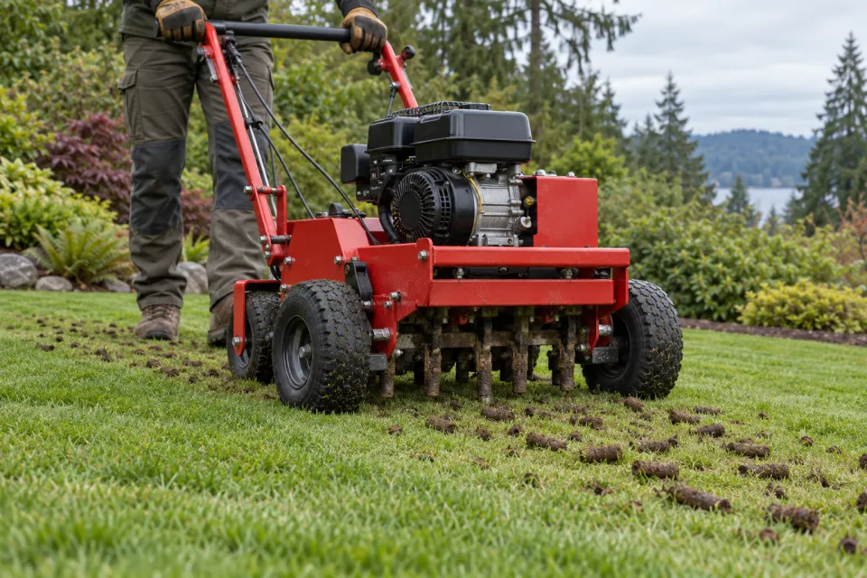 Commercial powered core aerator and small extracted soil plugs on a lawn.