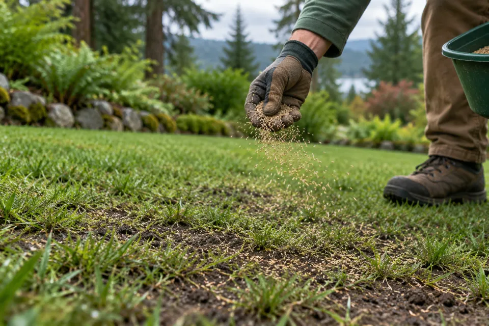 Scattering grass seed over a prepared thin lawn.