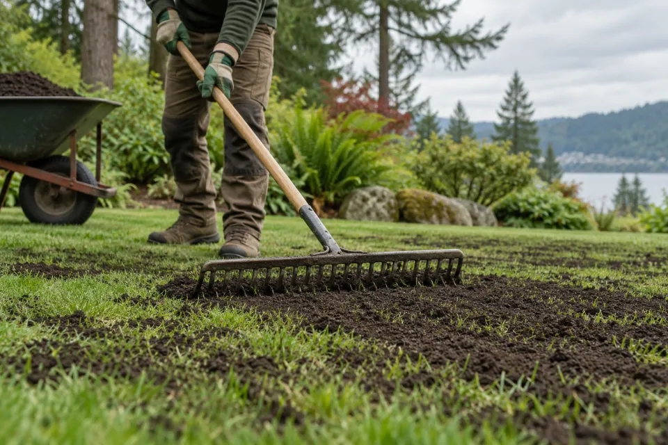 Spreading a thin compost topdressing over existing grass.