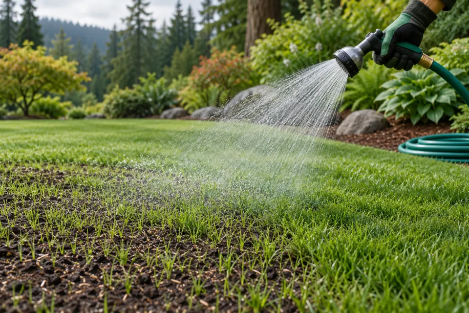 Gently watering new grass with a hose spray nozzle.