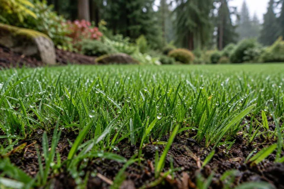 Fresh grass blades and water droplets above dark soil.