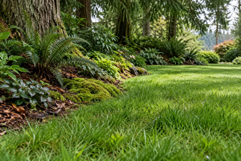 Grass and moss growing beside a shaded evergreen garden border.